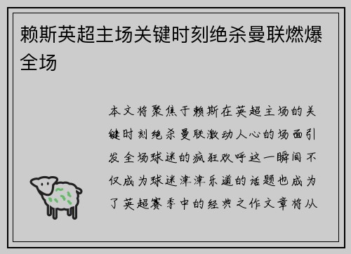 赖斯英超主场关键时刻绝杀曼联燃爆全场